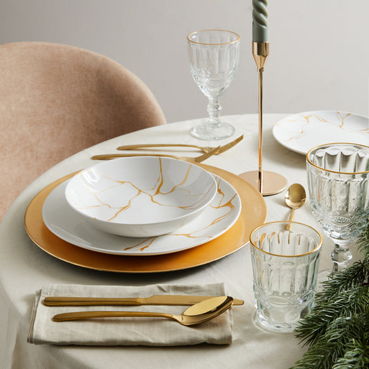 Servizio Piatti Filigrana 18 Pezzi in Porcellana Effetto Oro, Set Tavola per 6 Persone, Design Elegante e Raffinato per Cucina e Sala da Pranzo