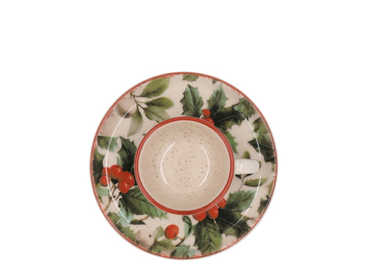 Set Tazza da Caffè Natalizia Magical Holly H&H in Stoneware con Piattino, 2 Pezzi, Capacità 115 ml, Decorazione Natalizia, Idea Regalo