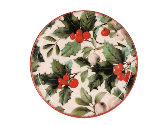 Alzata Natalizia Magical Holly in Stoneware Ø 26 cm - Piatto da Portata con Piedistallo, Decorazione Natalizia per Dolci, Torte e Dessert H&H