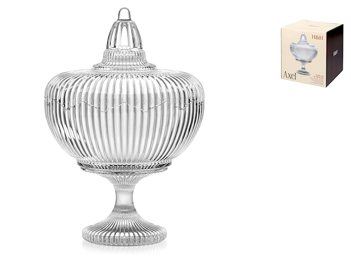 Scatola Axel in Vetro Trasparente con Coperchio e Piedistallo 15,5 x 22 cm - Portaconfetti, Porta Caramelle e Scatola Decorativa Elegante per Casa e Tavola H&H