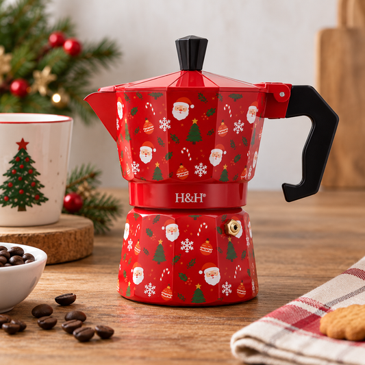 H&H Caffettiera Moka Natalizia in Alluminio 3 Tazze Rossa, Decorazione Babbo Natale, Alberi di Natale e Fiocchi di Neve