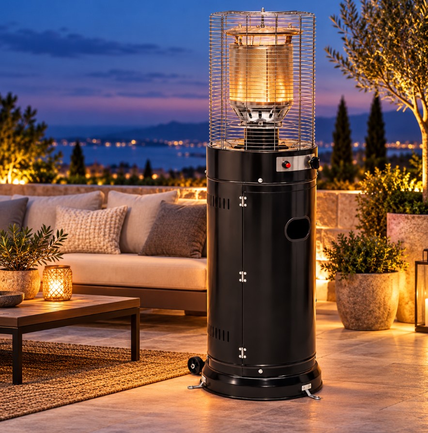 Stufa a Gas a Colonna 10 kW per Esterno, Altezza 138 cm, Bruciatore in Acciaio, Accensione ODS, Nero