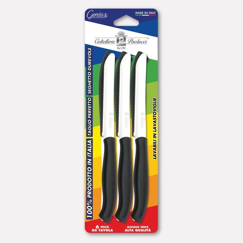 Conf da 6 coltelli da tavola con manico nero, lama inox seghettata 11 cm