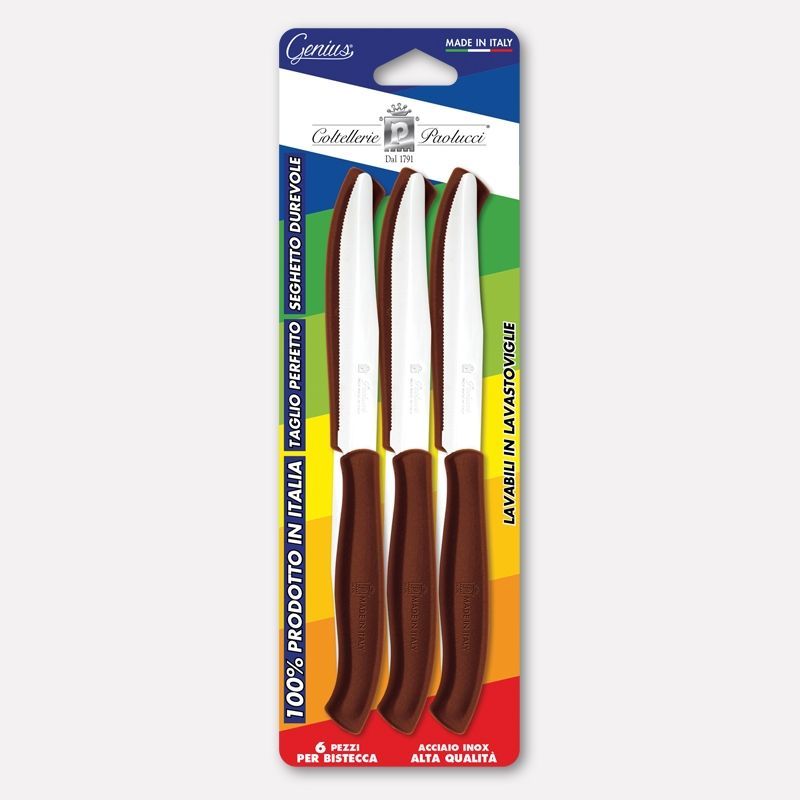 Conf da 6 coltelli bistecca con manico marrone, lama inox seghettata 11 cm
