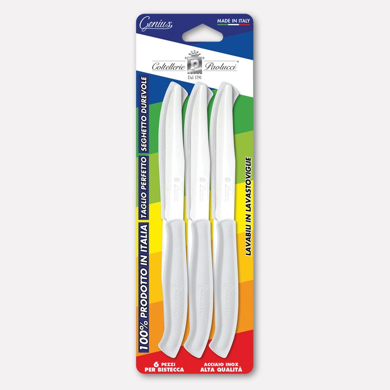 Conf 6 coltelli bistecca con manico bianco, lama inox seghettata 11 cm