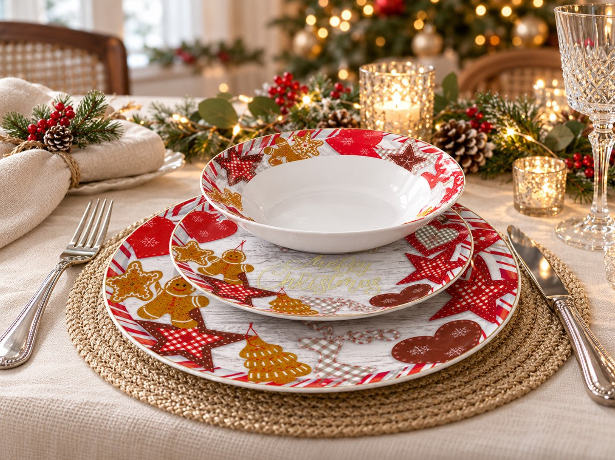 Servizio Piatti Natalizio Merry Ginger 18 Pezzi in Porcellana Decorata per 6 Persone