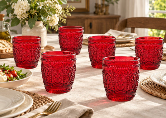 Set 6 Bicchieri Baroque in Vetro Rosso da 30 cl Gusto Casa con Decorazioni Floreali in Rilievo