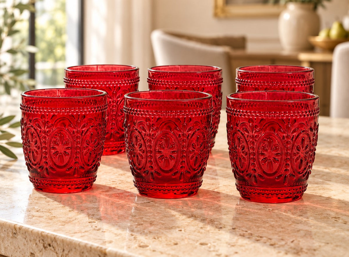 Set 6 Bicchieri Baroque in Vetro Rosso da 30 cl Gusto Casa con Decorazioni Floreali in Rilievo