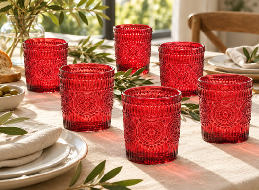 Set 6 Bicchieri Cesareo in Vetro Rosso da 30 cl Gusto Casa con Decorazioni Floreali in Rilievo, per Acqua e Bevande