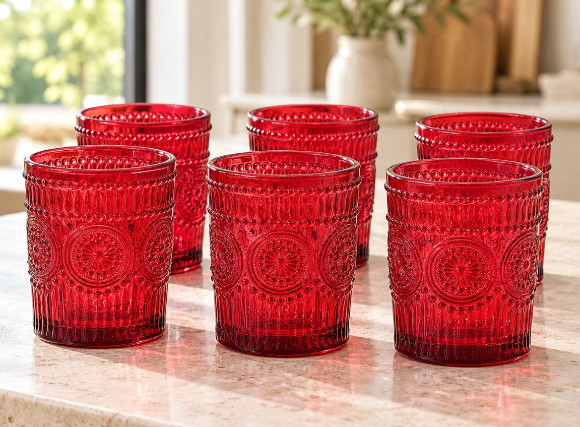 Set 6 Bicchieri Cesareo in Vetro Rosso da 30 cl Gusto Casa con Decorazioni Floreali in Rilievo, per Acqua e Bevande