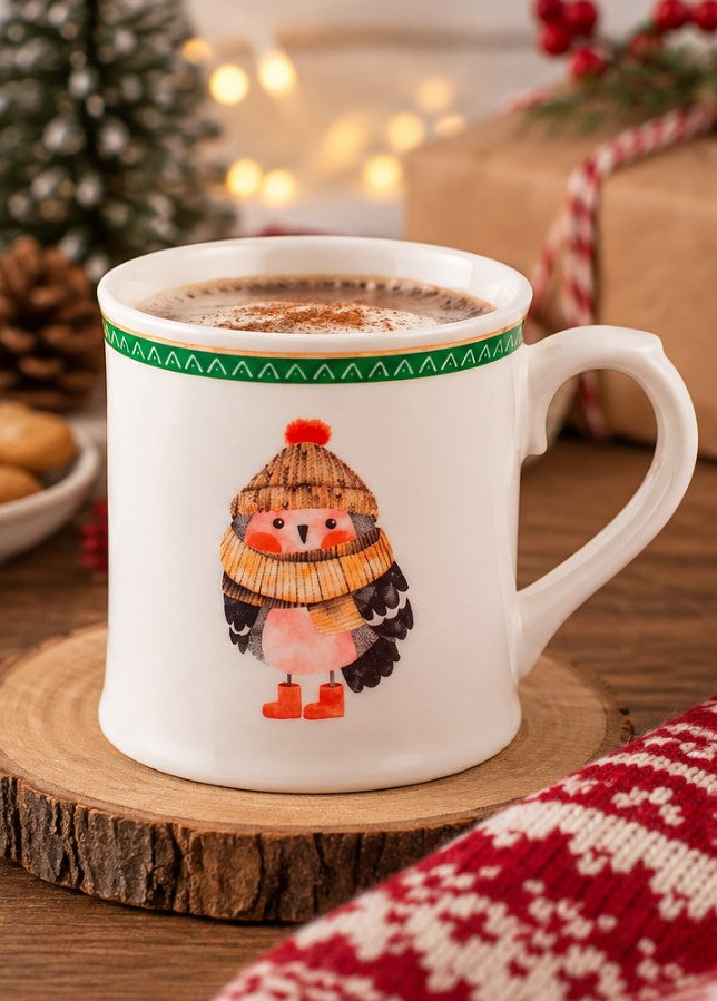 Mug NBC Winter Gufo 350 ml in Ceramica Bianca con Decorazione Invernale, Cappello e Sciarpa, Idea Regalo Natalizia H&H