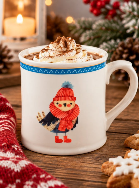 Mug NBC Winter Uccellino 350 ml in Ceramica Bianca con Decorazione Invernale, Cappello e Sciarpa Rossa, Idea Regalo Natalizia H&H