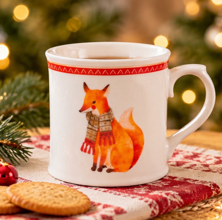 Mug NBC Winter Volpe in Ceramica da 350 ml - Tazza Natalizia con Decorazione Volpe e Sciarpa, Ideale per Colazione, Tè, Latte e Cioccolata Calda H&H