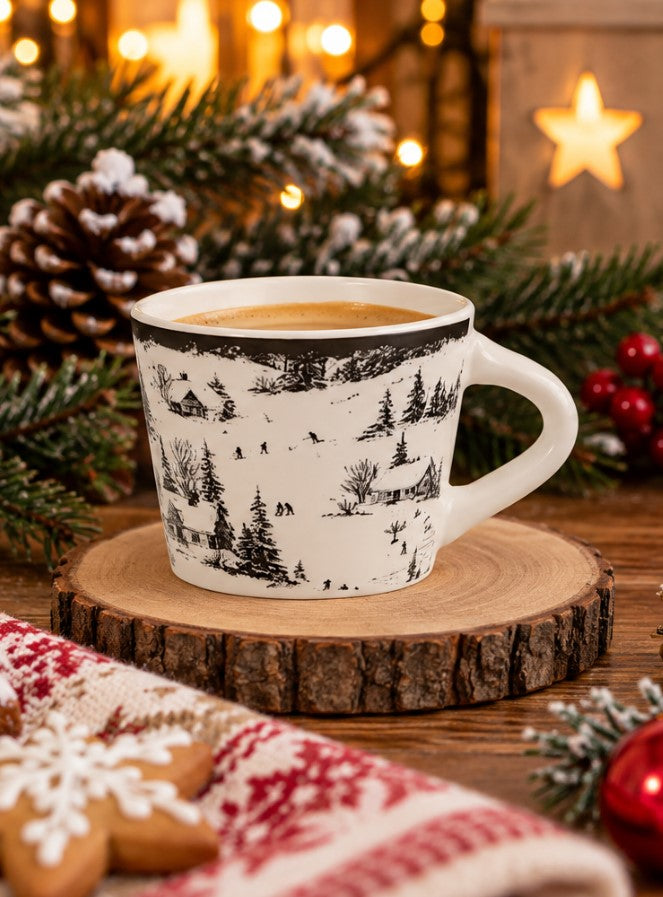 Set 6 Tazzine da Caffè NBC Winter Tale Paesaggio Innevato 90 ml in Ceramica Bianca con Decorazione Invernale, Idea Regalo Natalizia H&H