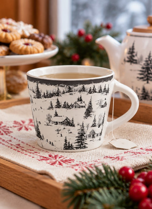 Tazza da Tè NBC Winter Tale Paesaggio Innevato 280 ml in Ceramica Bianca con Decorazione Invernale, Casette e Alberi, Idea Regalo Natalizia H&H