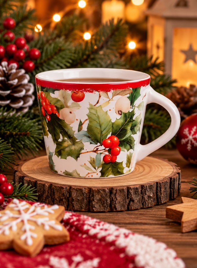 Tazza Jumbo NBC Winter Tale Agrifoglio 420 ml in Ceramica Bianca con Bacche Rosse e Decorazioni Natalizie, Idea Regalo H&H