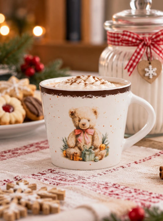 Tazza da Tè NBC Winter Tale Orsacchiotto 280 ml in Ceramica Bianca con Decorazione Natalizia, Fiocco Rosa e Regali, Idea Regalo H&H