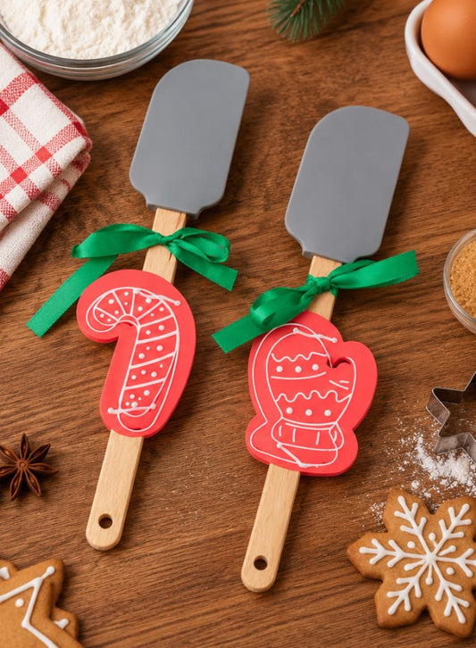 Set 2 Spatole Natalizie H&H in Silicone e Legno con Stampi in Acciaio Inox, Bastoncino di Zucchero e Guanto Natalizio, Utensili da Cucina