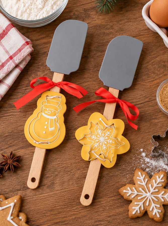 Set 2 Spatole Natalizie H&H in Silicone e Legno con Stampi in Acciaio Inox, Pupazzo di Neve e Fiocco di Neve, Utensili da Cucina