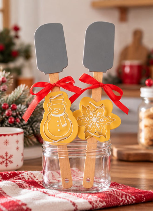 Set 2 Spatole Natalizie H&H in Silicone e Legno con Stampi in Acciaio Inox, Pupazzo di Neve e Fiocco di Neve, Utensili da Cucina