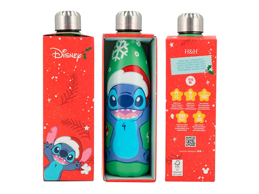 Bottiglia Termica Natalizia Stitch H&H 500 ml in Acciaio Inox Verde, Borraccia con Decorazioni Xmas, Ideale per Bevande Calde e Fredde