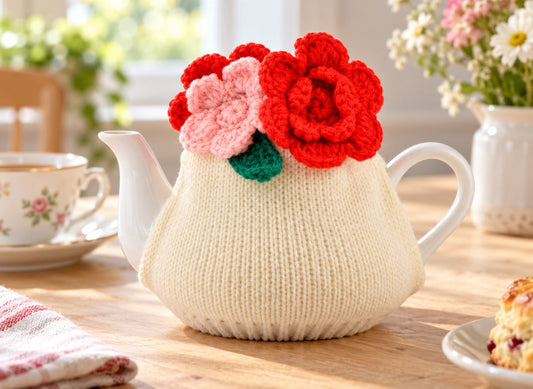 Teiera Tepore in Porcellana Bianca con Copriteiera in Maglia di Lana e Fiori Decorativi - Design Elegante e Raffinato DBX Home in rombo