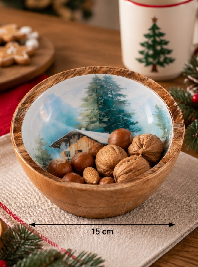 Coppa Natalizia H&H in Legno 15 cm con Paesaggio Innevato, Ciotola Decorativa Portadolci e Frutta Secca, Fantasie Assortite