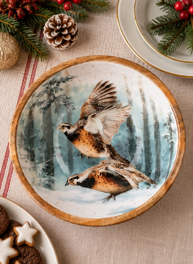Coppa Natalizia H&H in Legno 25 cm con Decorazione Uccelli e Paesaggio Innevato - Ciotola Decorativa per Tavola e Centrotavola