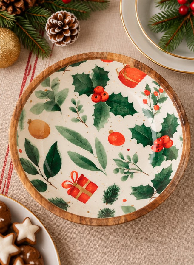 Coppa Natalizia H&H in Legno 30 cm con Decorazioni Agrifoglio, Bacche e Regali - Ciotola Decorativa per Centrotavola