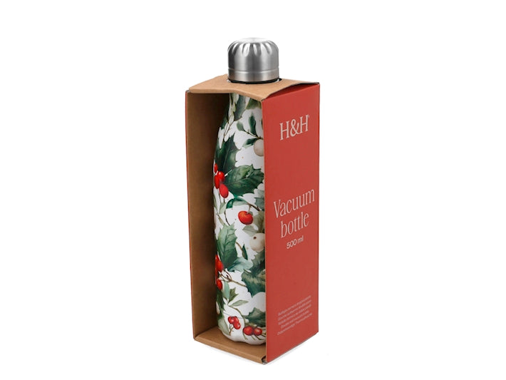 Bottiglia Termica Natalizia H&H Agrifoglio e Bacche Rosse in Acciaio Inox 500 ml - Borraccia Bianca per Bevande Calde e Fredde