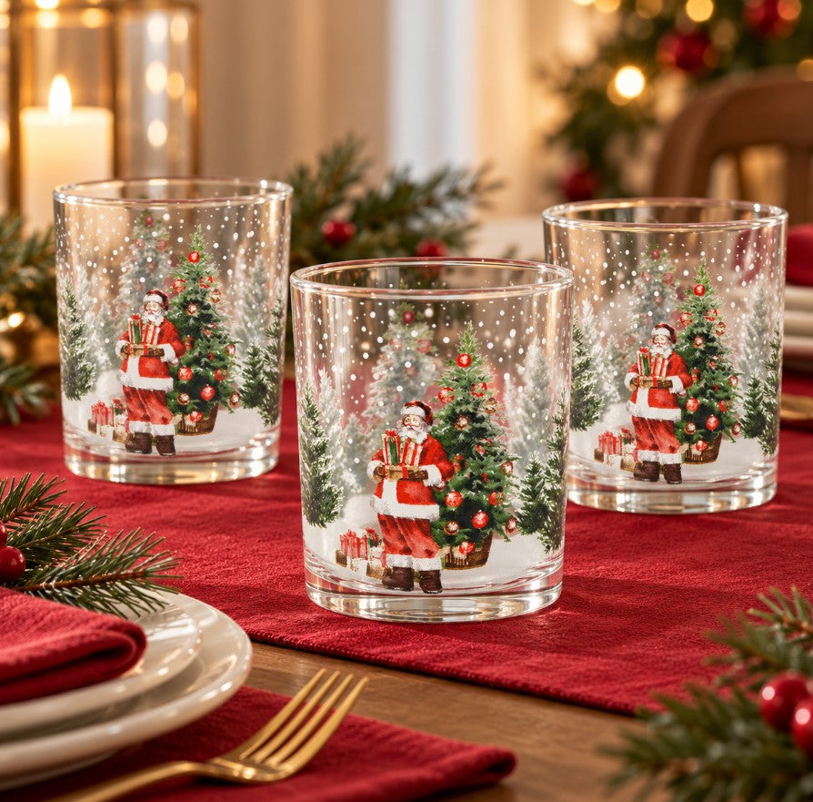 Set 6 Bicchieri Natalizi in Vetro 25 cl Gusto Casa con Decorazione Babbo Natale e Albero di Natale, per Acqua e Bevande