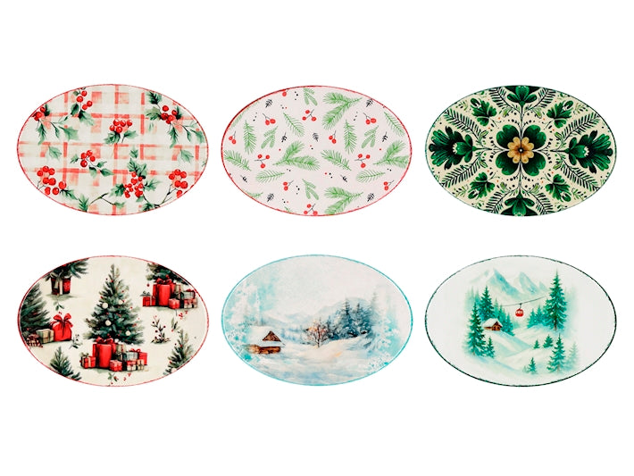 H&H Sottopentola Ovale in Ceramica 13x19 cm, Paesaggio Invernale Innevato