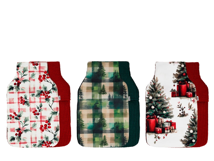 H&H Borsa Acqua Calda Warm Winter 1,8 Litri con Rivestimento in Pile Rosso, Fantasia Albero di Natale e Regali