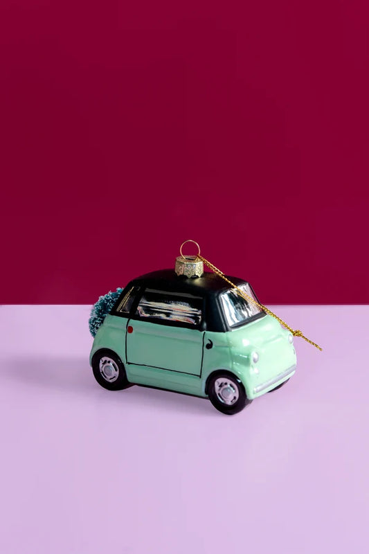 Decorazione Natalizia Auto City Car Verde Menta in Vetro da Appendere, Addobbo a Forma di Macchina per Albero di Natale, 10 cm
