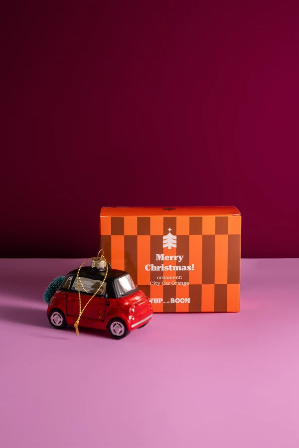 Decorazione Natalizia Auto City Car Arancione in Vetro da Appendere, Addobbo a Forma di Macchina per Albero di Natale, 10 cm