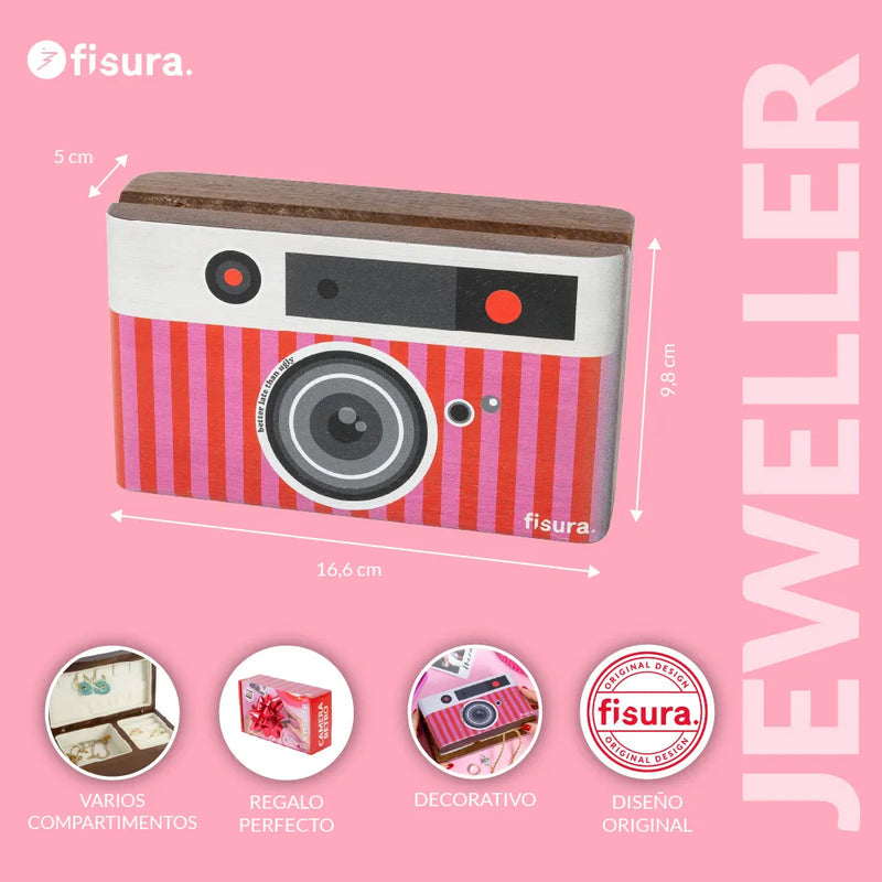 FISURA Portagioie a forma di macchina fotografica "Better late than ugly"