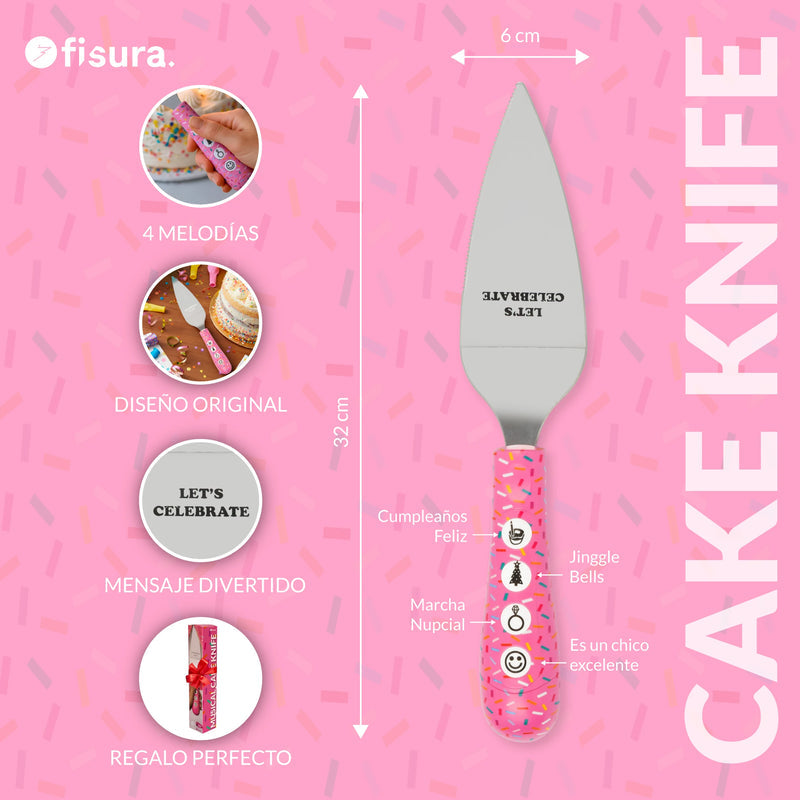 FISURA Coltello musicale per torta con scritta "Let's celebrate"