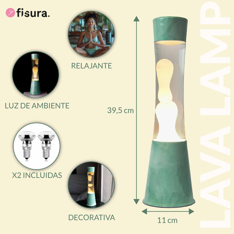 FISURA Lampada lava con base in giada, con liquido trasparente e lava color menta