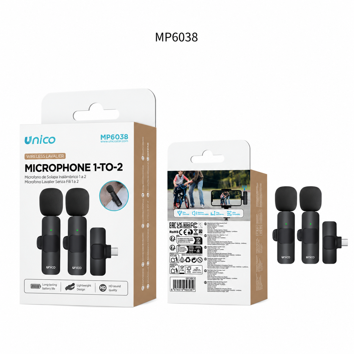 Microfono Lavalier Wireless Doppio 1 Trasmettitore per 2 Microfoni, Connessione USB Type-C, per Smartphone, Video e Interviste