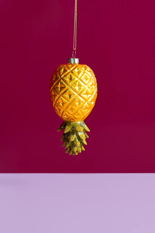 Decorazione Natalizia Ananas Capovolto in Vetro Giallo e Verde da Appendere, Addobbo Originale per Albero di Natale, 12 cm