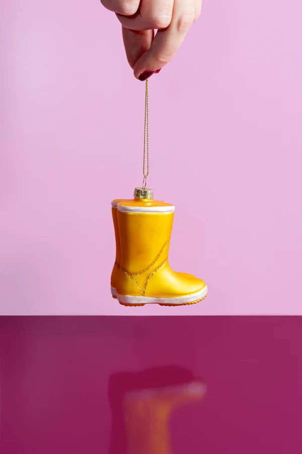 Decorazione Natalizia Stivale da Pioggia Giallo in Vetro da Appendere, Addobbo Originale per Albero di Natale, 9 cm