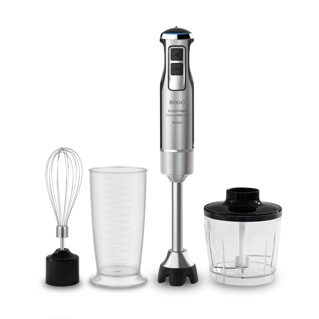 Frullatore a immersione in acciaio inox con sistema di regolazione continua, 3 accessori - 1600 W