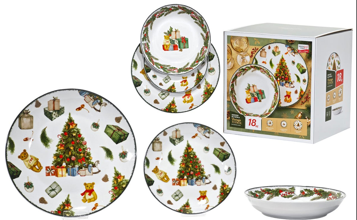 Servizio Piatti Natalizio Vintage Toybox 18 Pezzi in Porcellana