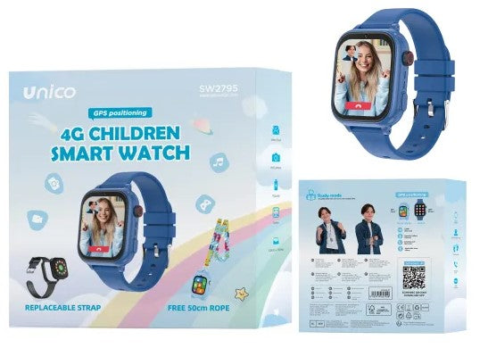 Orologio Intelligente per Bambini SW2795 4G con GPS, Schermo 1,83", Batteria 750 mAh, Custodia in Silicone e Cordino – Blu