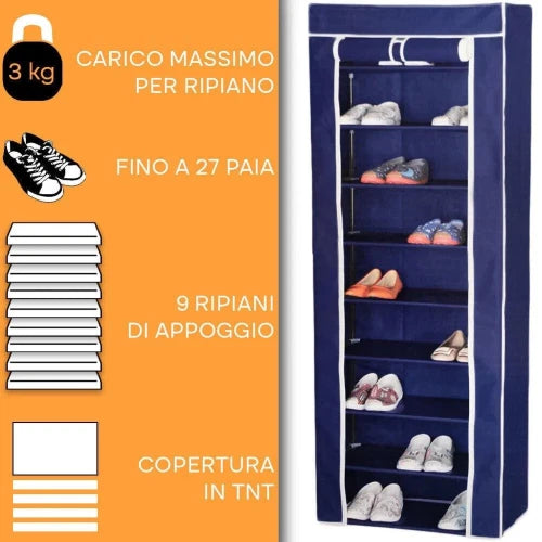 SCARPIERA ARMADIO IN TNT 9 RIP. C/STRUTTURA MET. 61X30X160CM BLU