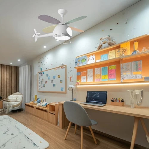 Ventilatore da Soffitto per Bambini a Forma di Elicottero 29W con Luce LED 48W e Telecomando - Bianco