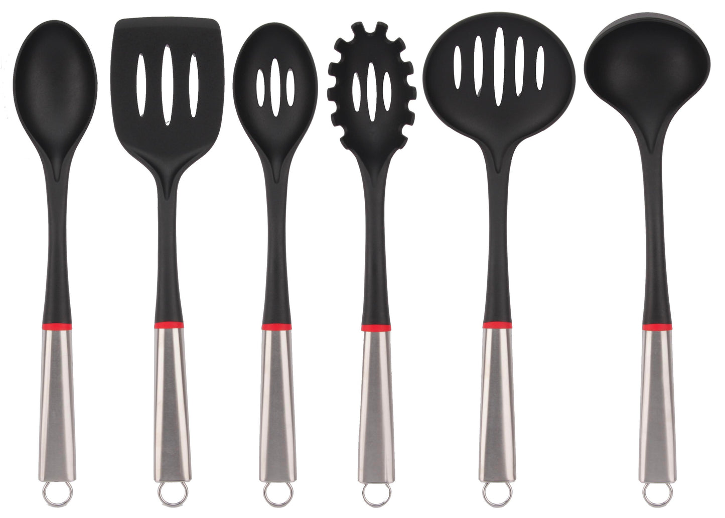 Set 6 Pezzi Mestolame Nylon con Manico in Acciaio Inox