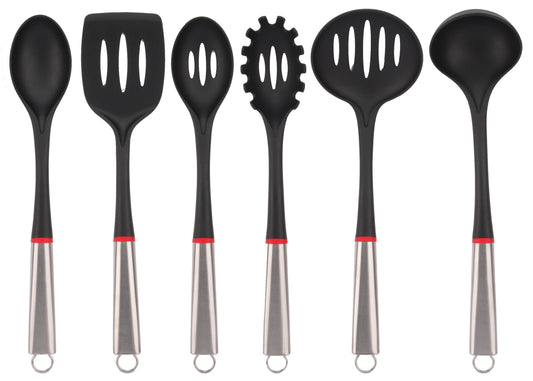 Set 6 Pezzi Mestolame Nylon con Manico in Acciaio Inox