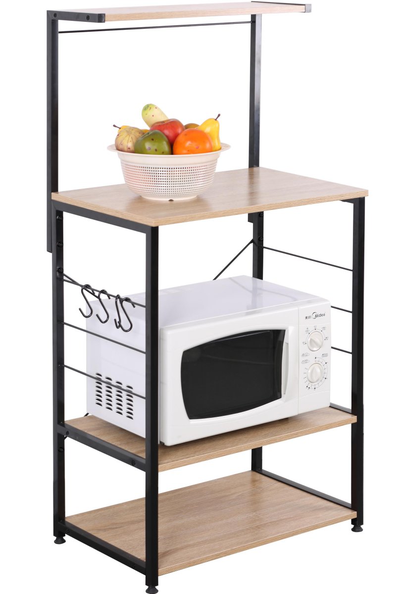 Banco Cucina Hamilton con 3 Ripiani e Mensola, Legno Naturale e Metallo Nero, Stile Industriale, 60x40x123 cm