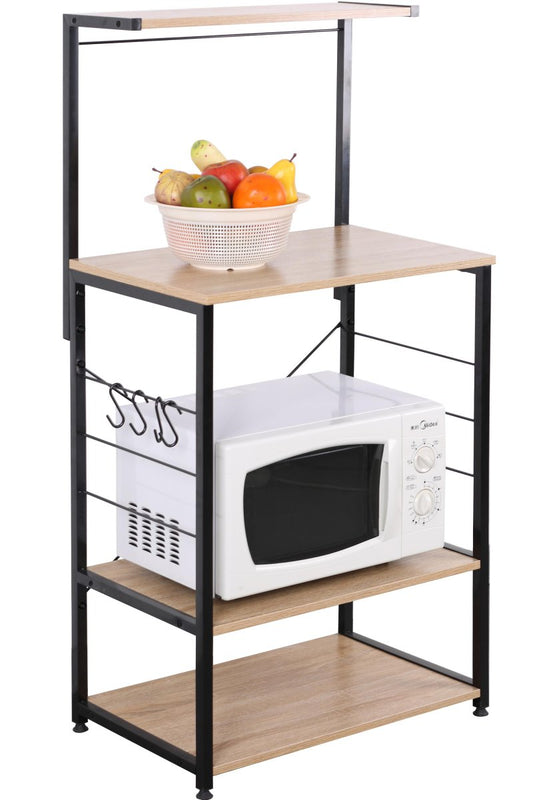 Banco Cucina Hamilton con 3 Ripiani e Mensola, Legno Naturale e Metallo Nero, Stile Industriale, 60x40x123 cm